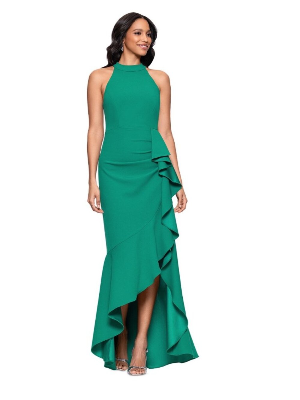 Betsy & Adam Green Sleeveless High-Low Ruffle Gown Halter Neckline